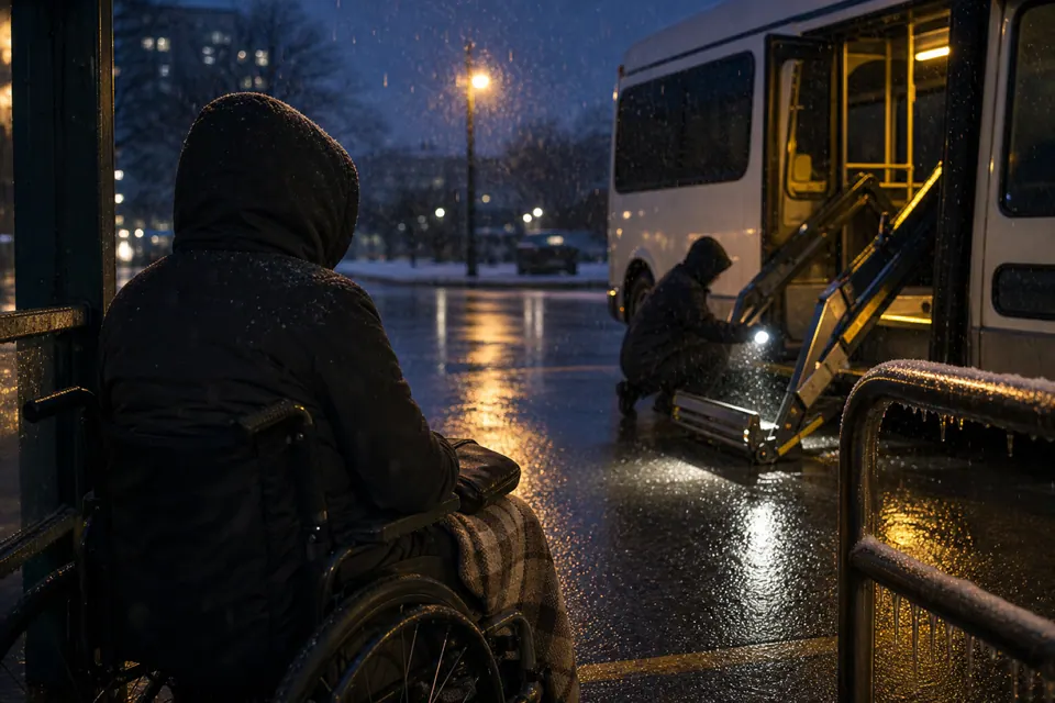 A paratransit shelter in freezing rain before dawn: a woman in a wheelchair waits under the shelter light while the driver crouches at the shuttle’s jammed lift, his flashlight beam lit with falling rain.