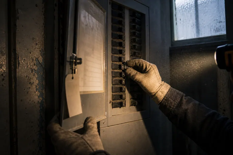 A residence electrical room at first grey light: an electrician’s gloved hands at an open breaker panel, one handle out of line, a marked circuit directory taped inside the door.