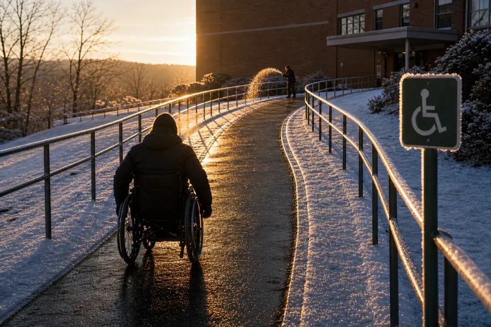 A long accessible ramp at sunrise: a wheelchair user rides the freshly treated dark lane through the ice toward the low sun; far down the ramp a grounds keeper throws an arc of de-icer grit.