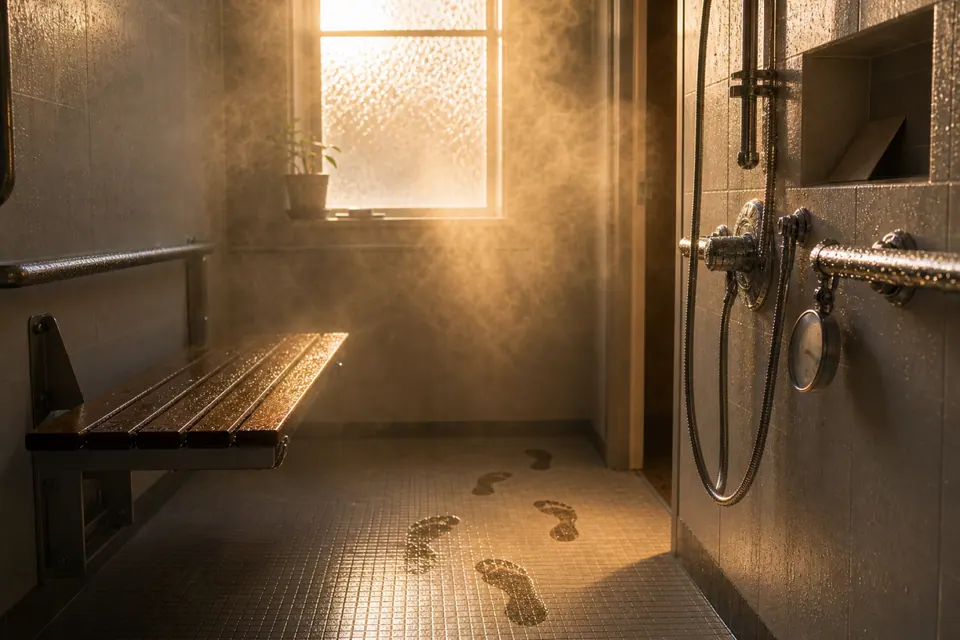 An accessible shower room in morning sun: steam drifting in the light, wet footprints crossing the tile, a small thermometer at the mixer resting in the safe band beside a dated service tag.