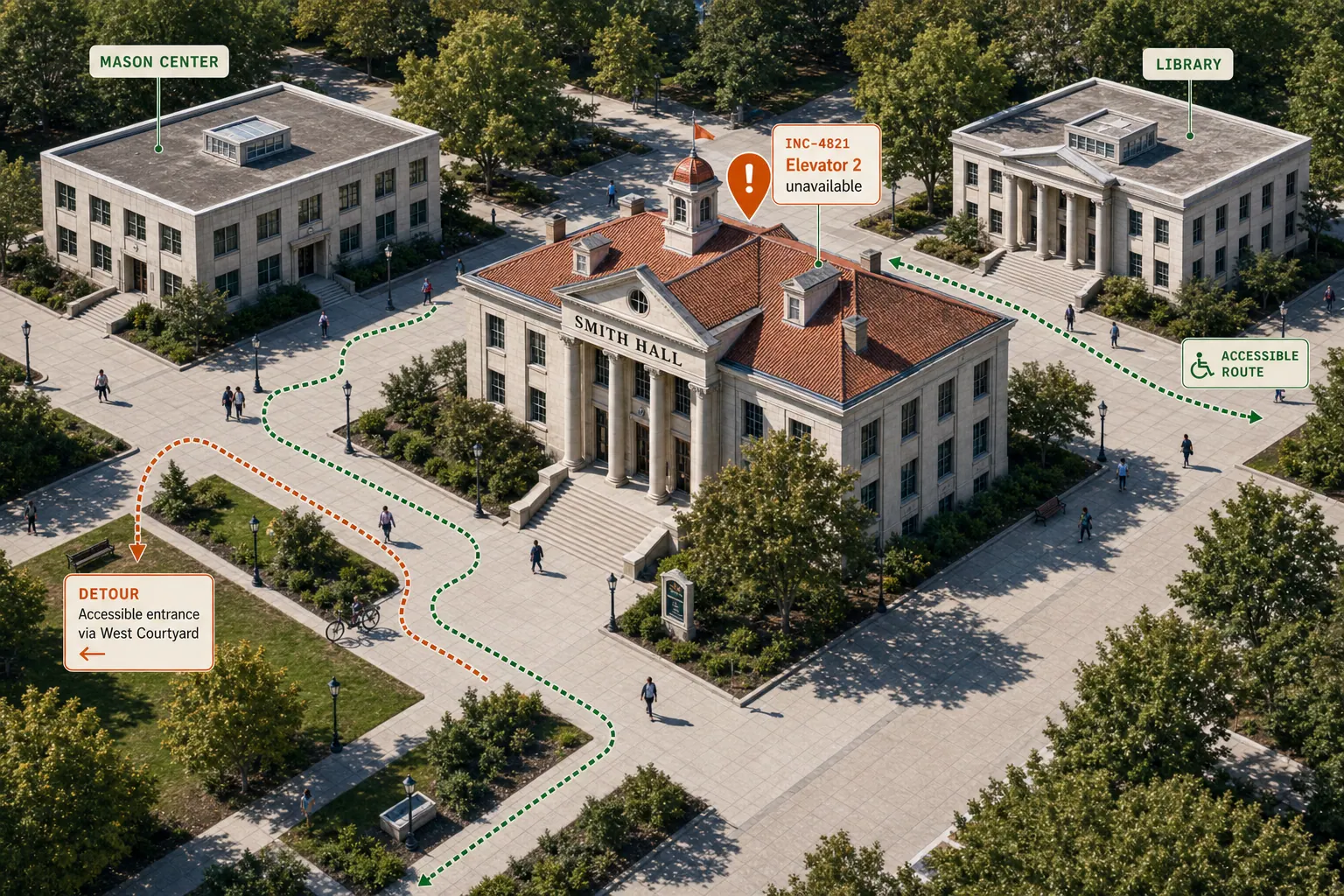 Smith Hall academic building exterior on a quiet weekday morning, with an incident in progress at the main entrance