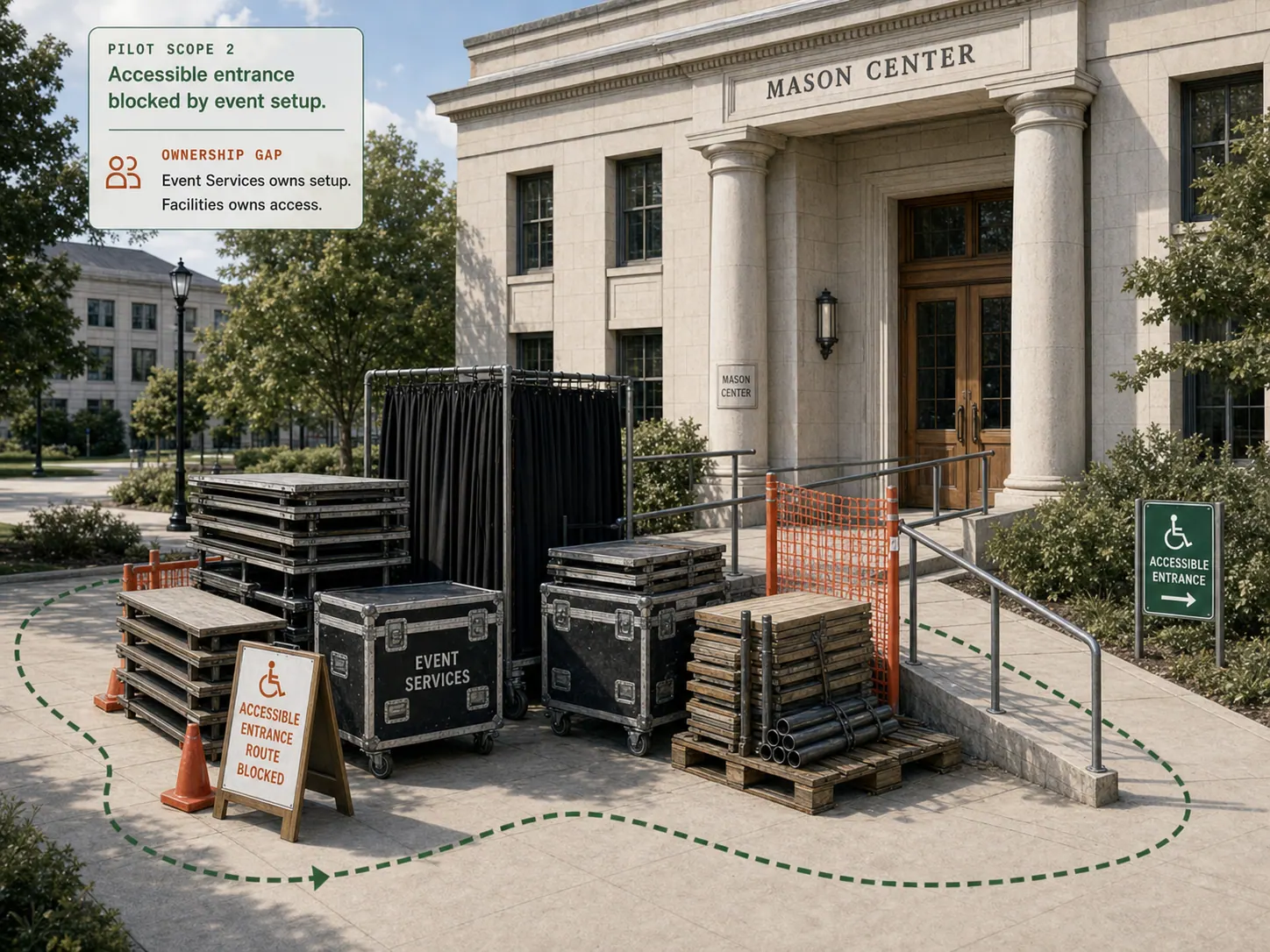 An accessible entrance ramp blocked by event setup and temporary barricades.
