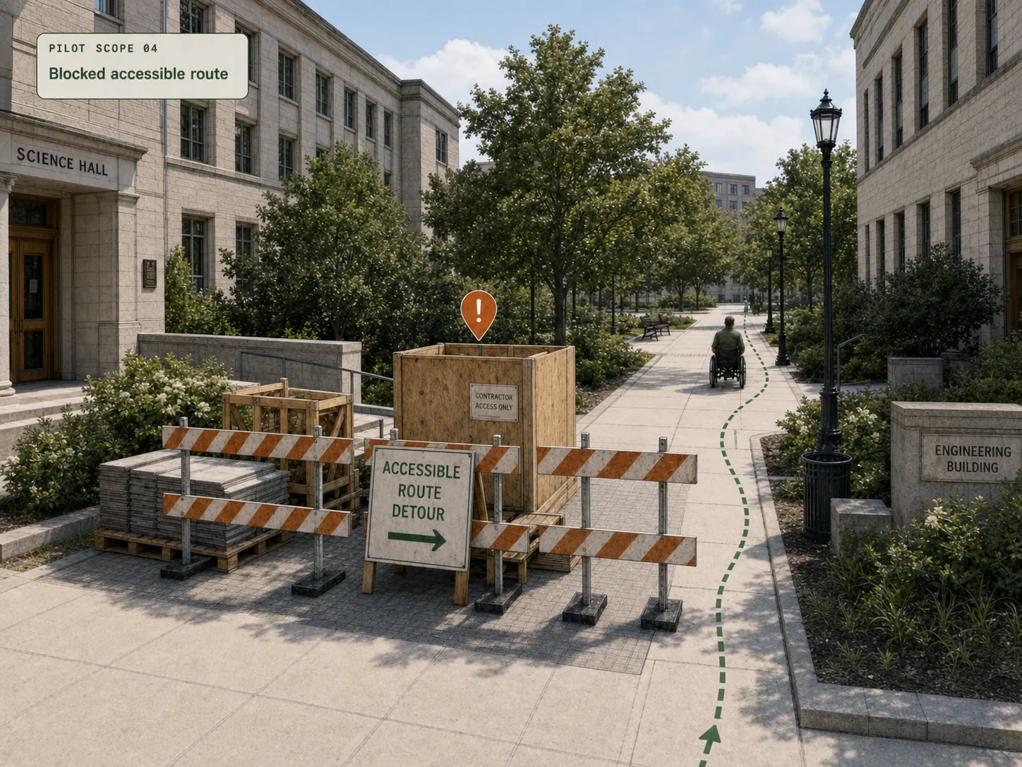 A campus pedestrian walkway blocked by construction barricades; a printed accessible-detour sign points to a parallel sidewalk.