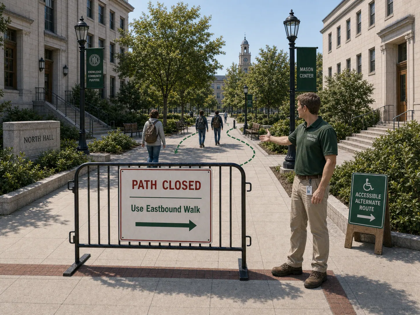 A central campus thoroughfare fully closed by a barricade with a clearly printed PATH CLOSED sign; a facilities worker stands by, redirecting foot traffic.