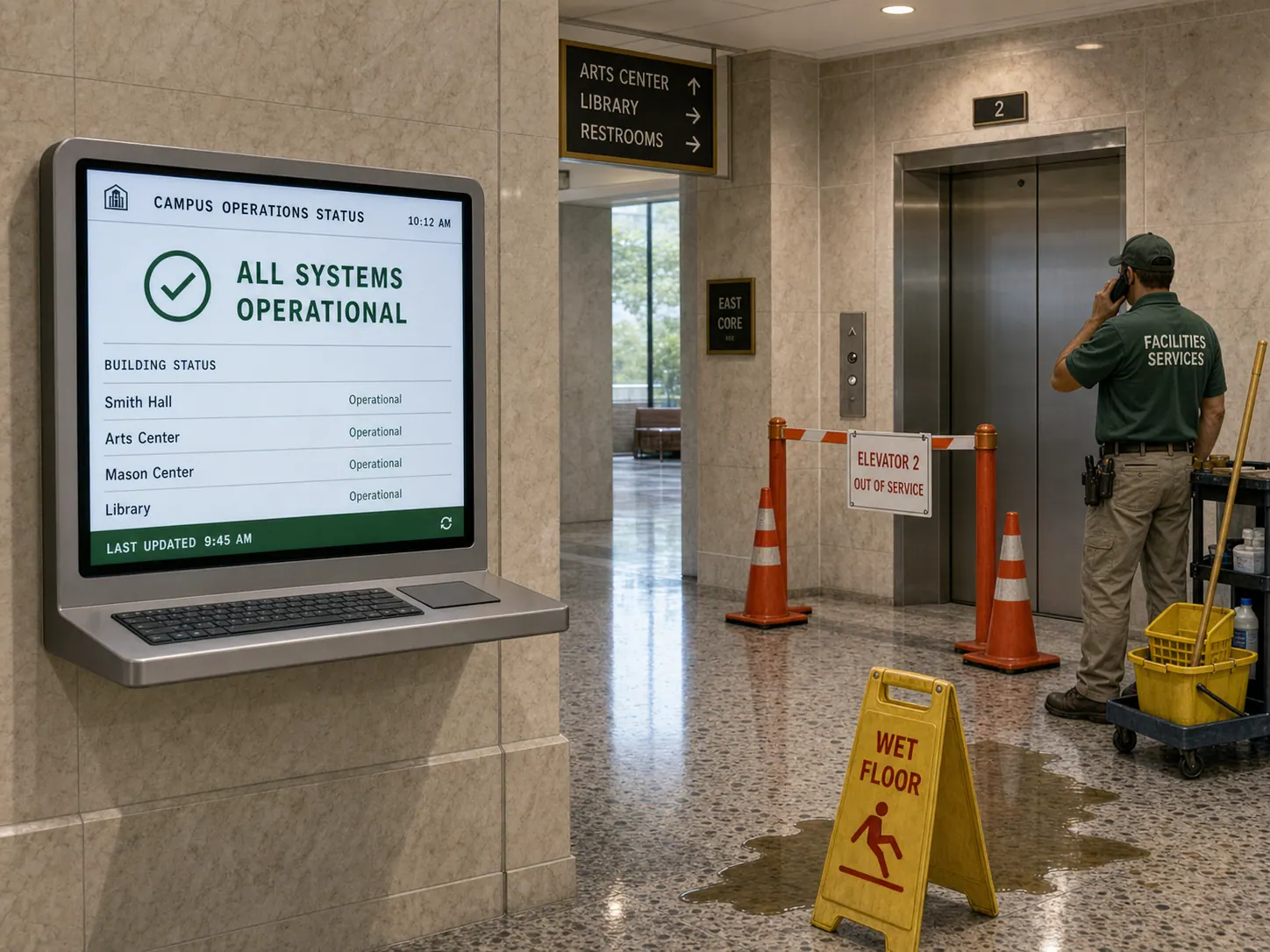 A wall-mounted campus operations status display reads "All systems operational" while a wet-floor sign and coned-off elevator door sit in the same lobby.