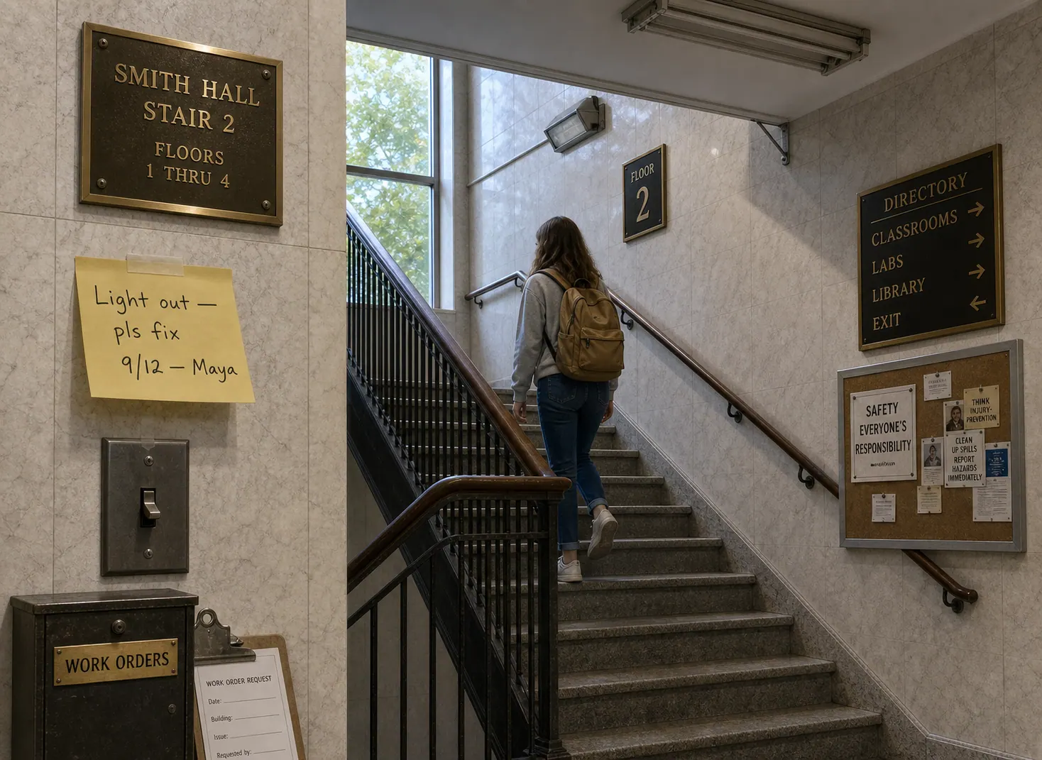 A campus stairwell in shadow because overhead lights are out, with a student-written sticky note ("Light out — pls fix 9/12 — Maya") taped near the switch.