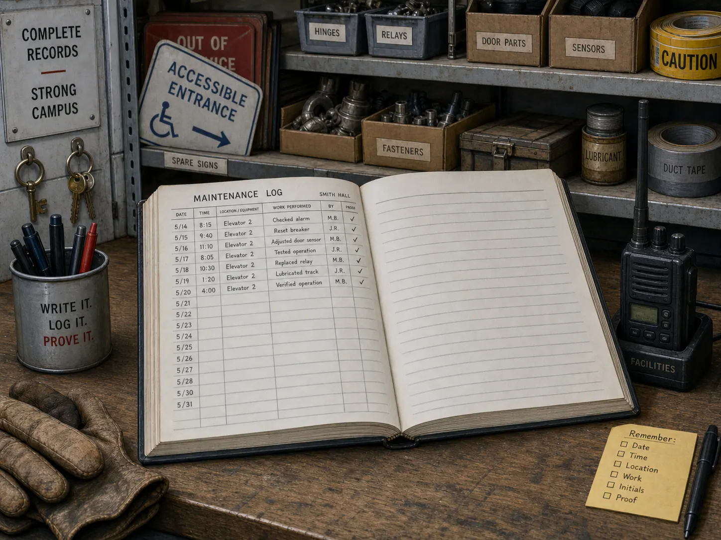 An open hardcover maintenance log book on a workbench in a facilities supply room, the visible page filled with hand-written entries for the most recent days but earlier rows blank.