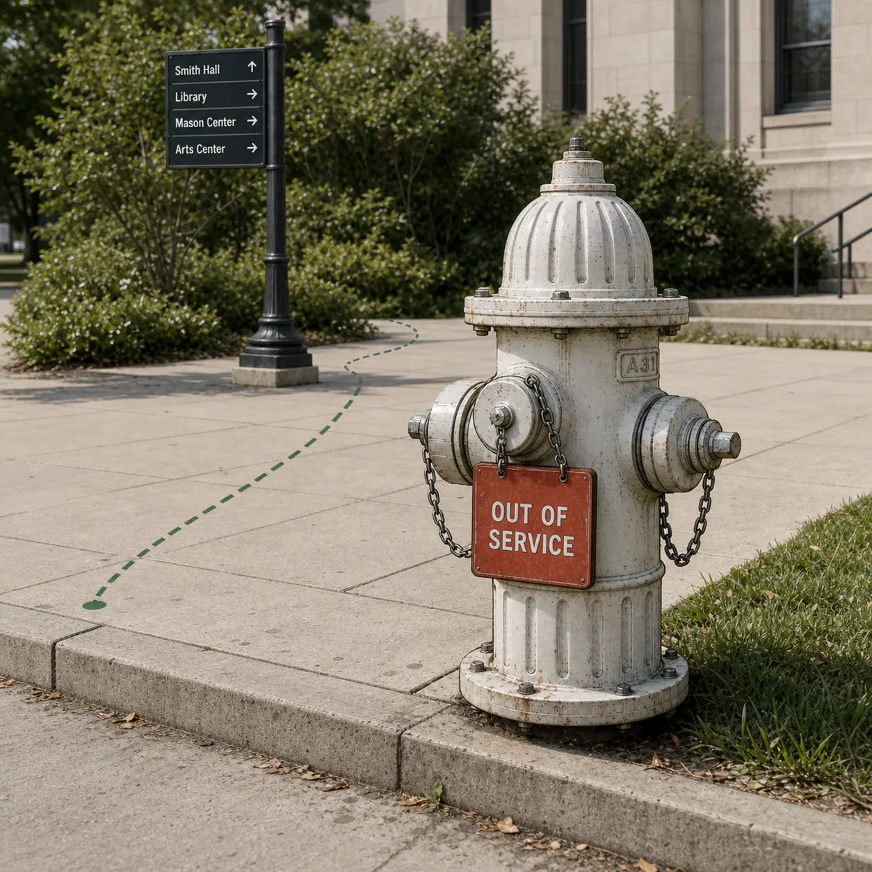 A campus fire hydrant marked out-of-service with a faded paper tag and a hand-scrawled note.