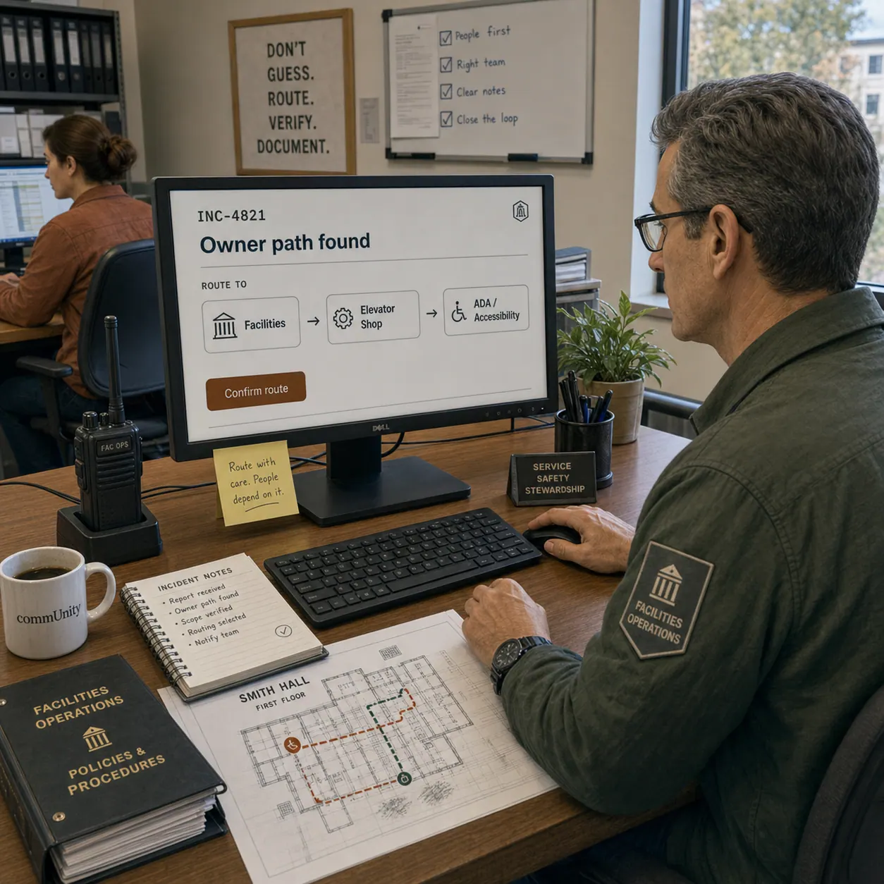 A campus operations coordinator at a desk reviewing the routed incident on screen.